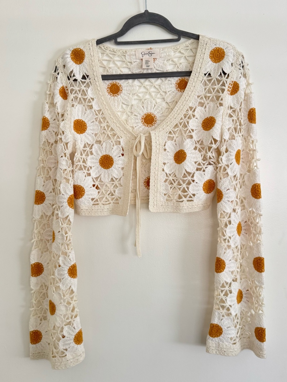 Jessica Simpson Cream Crochet Tie-Front Cardigan with Daisy Details EUC